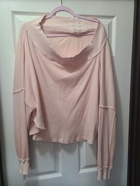 Free People Light Pink Waffle Knit Off-Shoulder Top
